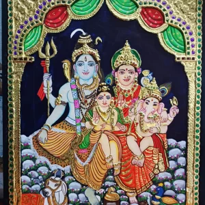 Sri Shiva Parvathi Devi with Ganesh & Karthikeya Tanjore Painting