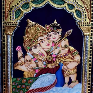 Sri Parvathi Devi with Ganesh & Karthikeya Tanjore Painting