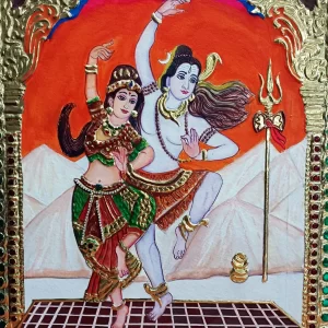 Shiva Parvathi Devi Dancing Tanjore Painting with 24K Gold Foil Work