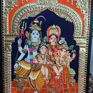 Sri Shiva Parvathi Devi with Ganesh and Karthikeya – Tanjore Painting